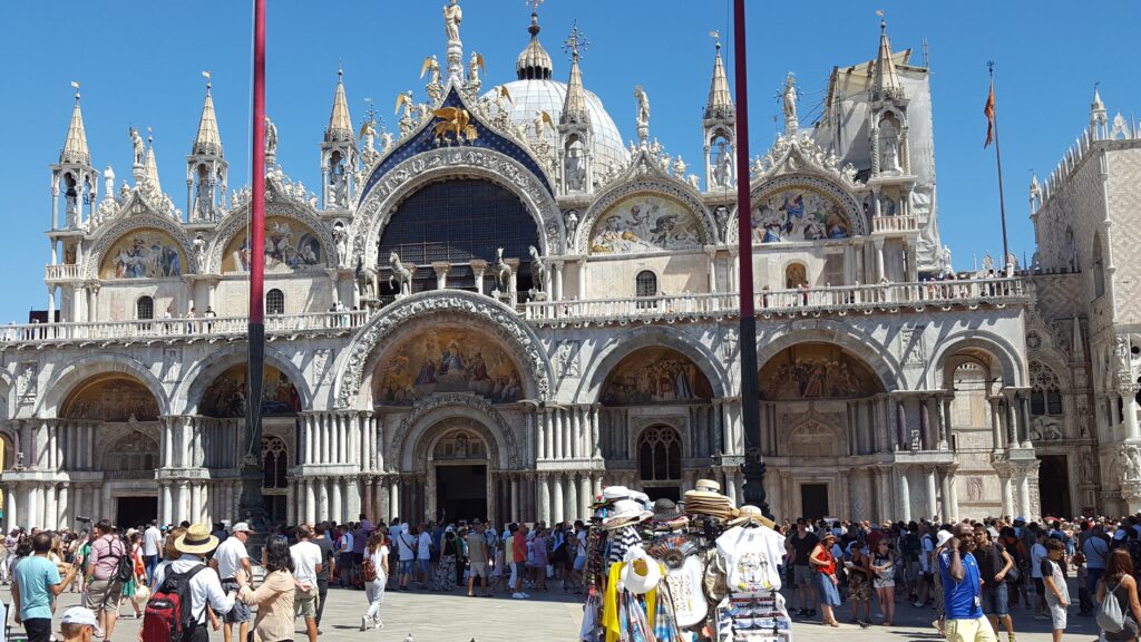 A stunning front view of St. Marks Basilica from St. Marks Square.