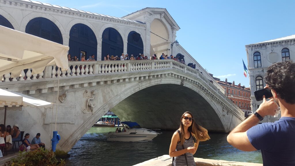 A view of the Rialto bridge in Venice, Italy.