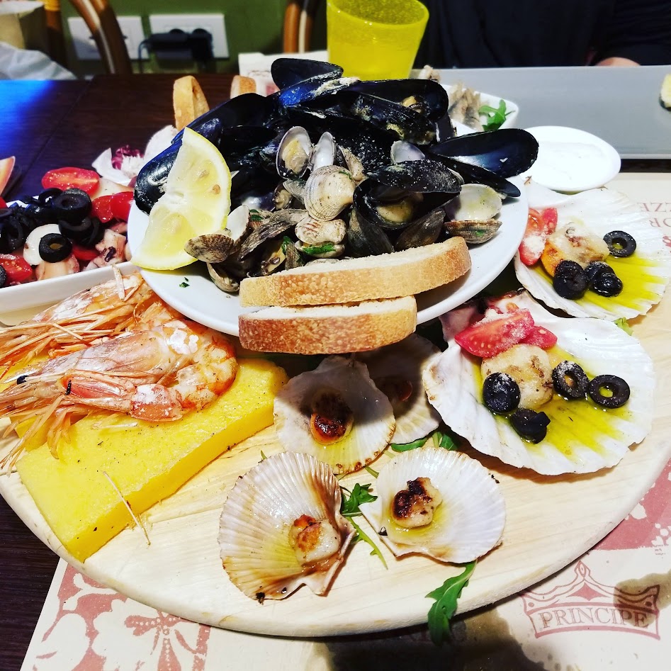 An array of seafood that we ordered at a locale on Burano island for dinner.